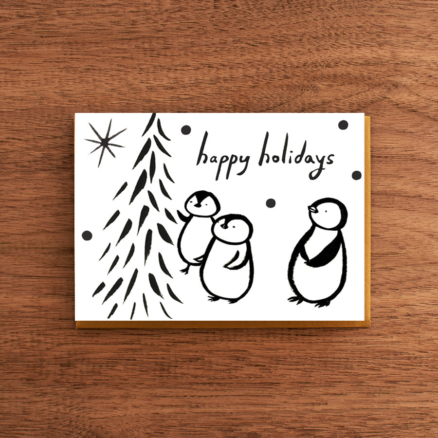 Letterpress Holiday Card:  Penguins and Tree