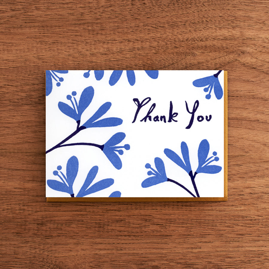 Letterpress Thank You Card:  Blue Flowers