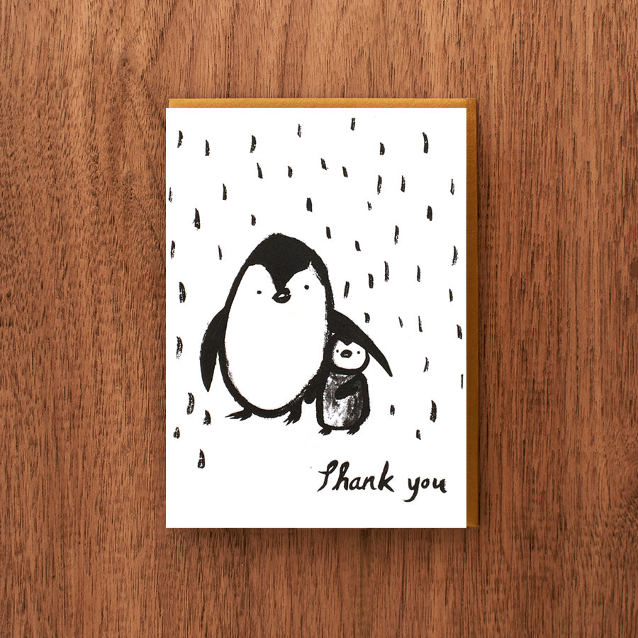 Letterpress Thank You Card:  Penguins in the Rain