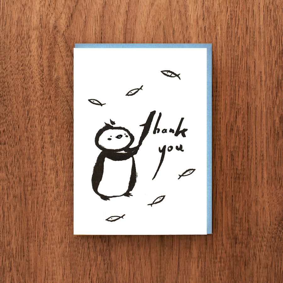 Letterpress Thank You Card:  Penguin and Fish