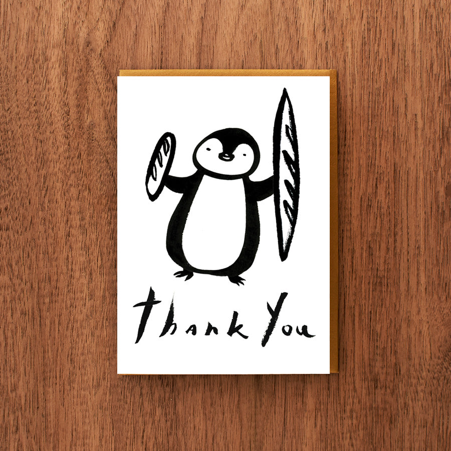 Letterpress Thank You Card:  Penguin and Baguettes